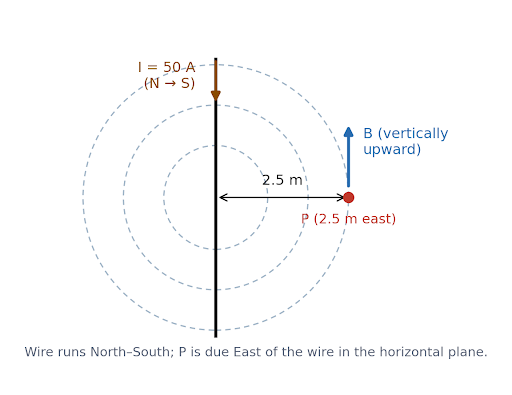 Figure 4.3 — Wire carrying current from North to South; point P is 2.5 m due East, in the horizontal plane.