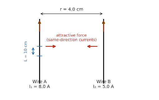 Figure 4.6 — Wire placed perpendicular to the axis of a solenoid, inside the uniform field B.