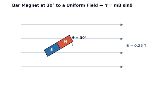 The magnet's axis makes a 30° angle with the field