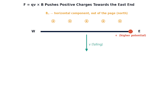 The horizontal field component (north) is perpendicular to both the wire and its motion