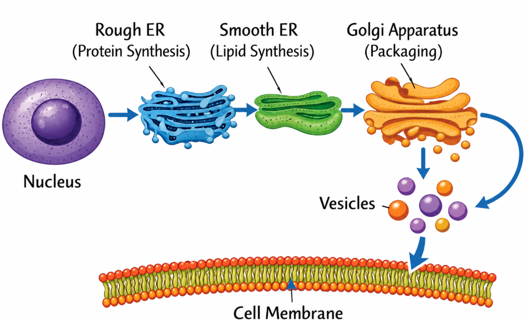 Diagram showing the pathway of protein and lipid transport in a cell, from the nucleus to rough ER for protein synthesis, smooth ER for lipid synthesis, Golgi apparatus for packaging, vesicles for transport, and final delivery to the cell membrane.