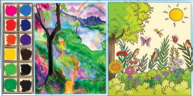 Look at the picture of a garden and a painting given below. Speak about any similarities between the garden and the painting.