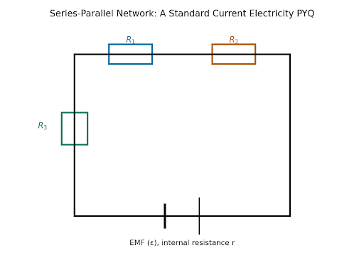 A standard series-parallel resistor network, the most repeated current electricity PYQ format